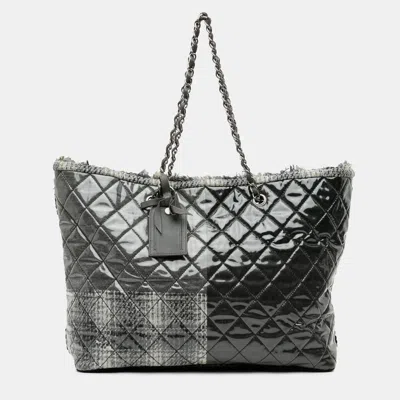 Pre-owned Chanel Grey Large Quilted Tweed And Vinyl Funny Patchwork Tote