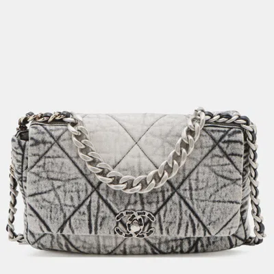 Pre-owned Chanel Grey Large Quilted Washed Denim 19 Flap In Gray