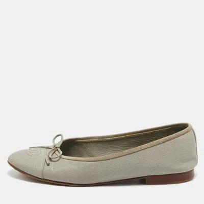 Pre-owned Chanel Grey Leather Cc Cap Toe Bow Ballet Flats Size 39