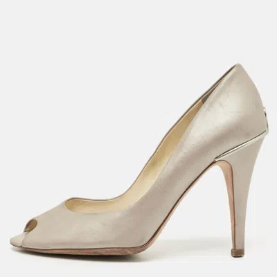 Pre-owned Chanel Grey Leather Cc Peep Toe Pumps Size 37.5