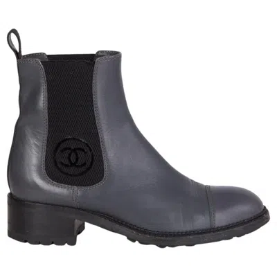 Pre-owned Chanel Grey Leather Chelsea Ankle Boots Shoes 37.5 In Gray