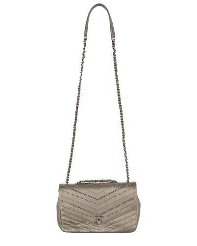 Pre-owned Chanel Grey Leather Embellished 'chain Sequins' Chevron Flap Bag, Never Carried (authentic Pre-loved