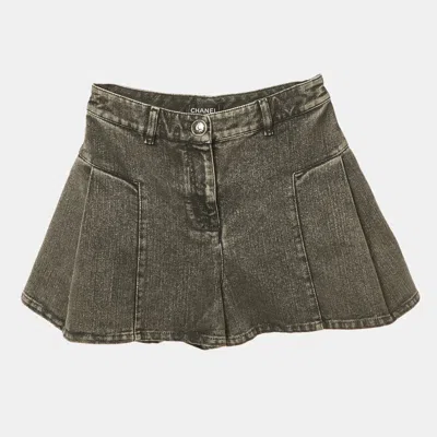 Pre-owned Chanel Grey Logo Embroidered Flared Denim Shorts S Waist 26" In Gray