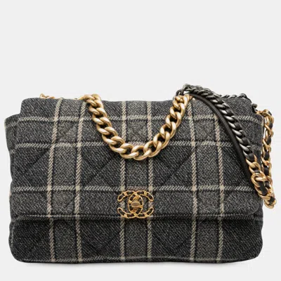 Pre-owned Chanel Grey Maxi Quilted Wool 19 Flap In Gray
