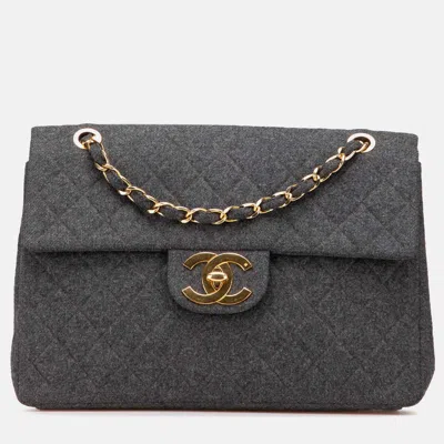 Pre-owned Chanel Grey Maxi Xl Classic Wool Single Flap In Gray
