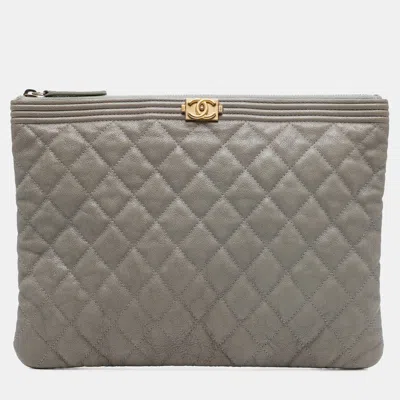 Pre-owned Chanel Grey Medium Quilted Caviar Boy O Case Clutch In Gray