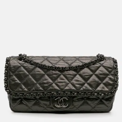 Pre-owned Chanel Grey Medium Quilted Metallic Aged Calfskin Chain Me Flap In Gray