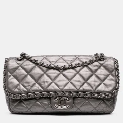 Pre-owned Chanel Grey Medium Quilted Metallic Aged Calfskin Chain Me Flap In Gray