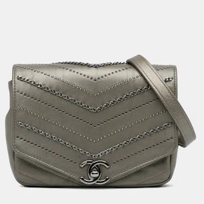 Pre-owned Chanel Grey Mini Embellished Calfskin Chevron Square Envelop Flap