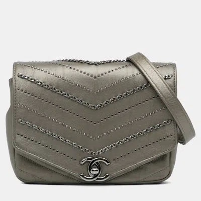 Pre-owned Chanel Grey Mini Embellished Calfskin Chevron Square Envelop Flap In Gray