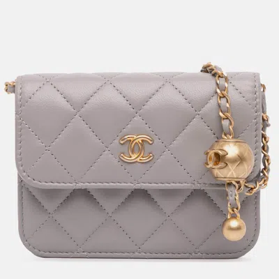 Pre-owned Chanel Grey Mini Lambskin Pearl Crush Clutch On Chain In Gray