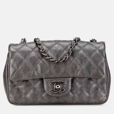 Pre-owned Chanel Grey Mini Rectangular Classic Metallic Caviar Single Flap In Gray
