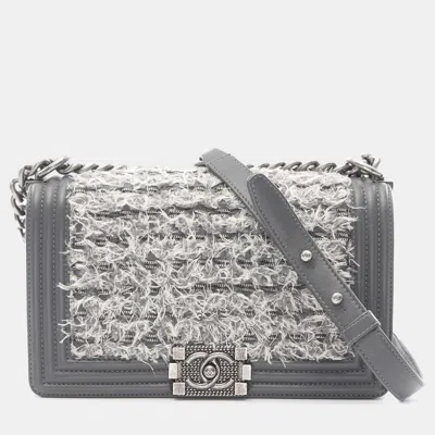 Pre-owned Chanel Grey Old Medium Braided Tweed And Calfskin Boy Flap In Gray