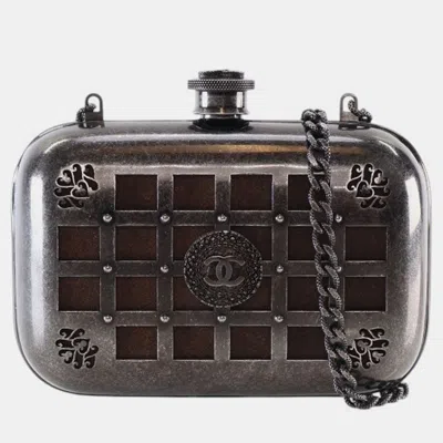 Pre-owned Chanel Grey Paris Edinburgh Mini Gunmetal Grid Cage Clutch On Chain In Gray