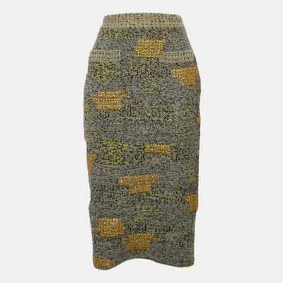 Pre-owned Chanel Grey Patterned Wool Bend Midi Skirt M