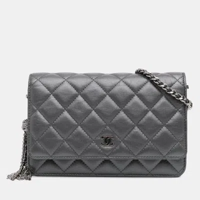 Pre-owned Chanel Grey Quilted Aged Calfskin Tassel Wallet On Chain