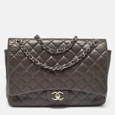 Pre-owned Chanel Grey Quilted Caviar Leather Maxi Classic Double Flap Bag