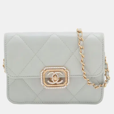 Pre-owned Chanel Grey Quilted Lambskin Crystal Clutch On Chain In Gray