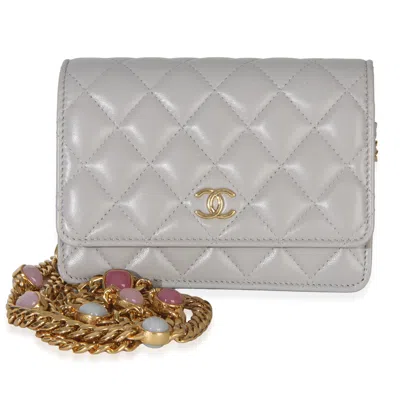 Pre-owned Chanel Grey Quilted Lambskin Jeweled Mini Wallet On Chain