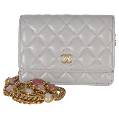 Pre-owned Chanel Grey Quilted Lambskin Jeweled Mini Wallet On Chain In Gray