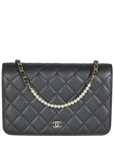 Pre-owned Chanel Grey Quilted Leather Pearl Wallet On Chain (authentic Pre-loved)