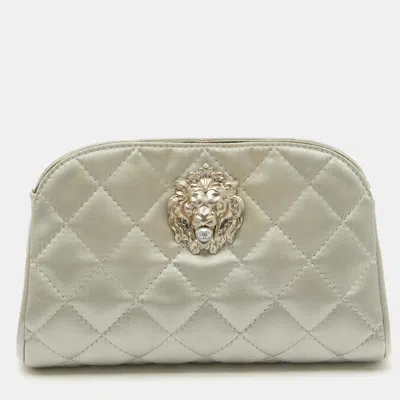 Pre-owned Chanel Grey Quilted Satin Leo Lion Cc Pearl Clutch