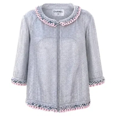 Pre-owned Chanel Grey Silver Cardigan With Chain Link Trim 40 Fr In Gray