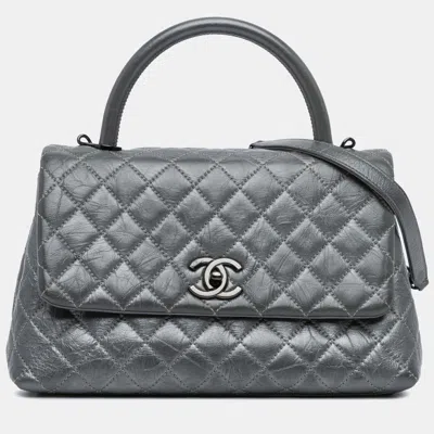 Pre-owned Chanel Grey Small Quilted Aged Calfskin Coco Top Handle Bag In Gray
