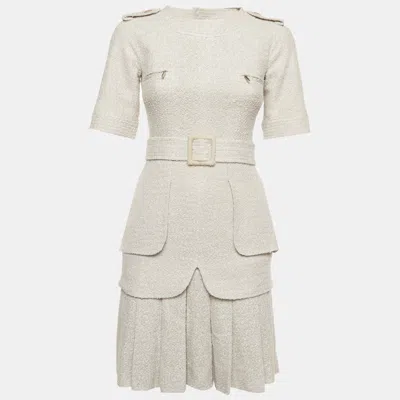 Pre-owned Chanel Grey Tweed Short Sleeve Pleated Mini Dress S In Gray