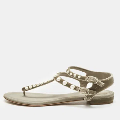 Pre-owned Chanel Grey Velvet Pear Embellished Thong Sandals Size 40 In Silver