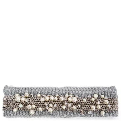 Pre-owned Chanel Grey Wool 2017 17k Pearl & Crstal Chainmail Headband Hat One Size In Gray