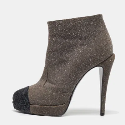 Pre-owned Chanel Grey/black Glitter Suede Platform Ankle Length Boots Size 39