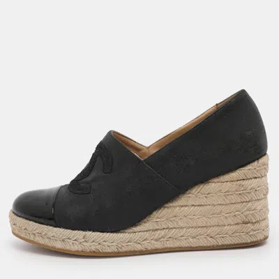 Pre-owned Chanel Grey/black Nubuck And Patent Leather Cc Cap Toe Espadrille Platform Wedge Pumps 36 In Gray