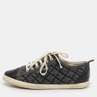 Pre-owned Chanel Grey/black Quilted Pattern Leather Trim Embellishment Sneakers Size 38