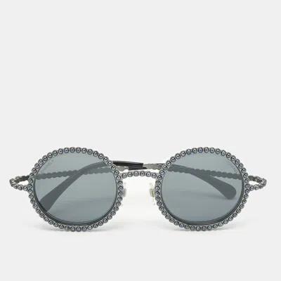 Pre-owned Chanel Grey/blue 71138 Pearl Round Sunglasses