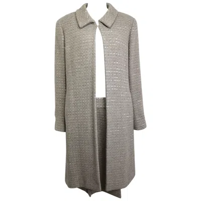 Pre-owned Chanel Grey/camel Tweed Coat/skirt Ensemble With Gold And Silver Sequins In Gray