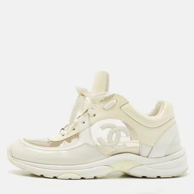 Pre-owned Chanel Grey/cream Leather And Pvc Cc Low Top Sneakers Size 41