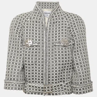 Pre-owned Chanel Grey/white Lurex/glitters And Nylon Belted Blazer M In Gray
