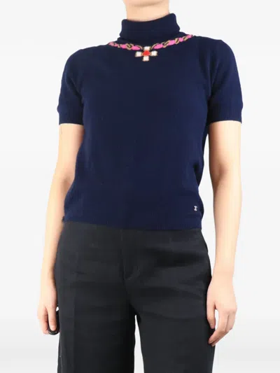 Pre-owned Chanel Gripoix-print Roll-neck Short-sleeve Sweater In Blue