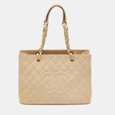 Pre-owned Chanel Gst Beige Quilted Caviar Leather Grand Shopping Tote In Sand