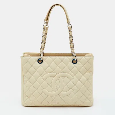 Pre-owned Chanel Gst Cream Quilted Leather Grand Shopping Tote In White
