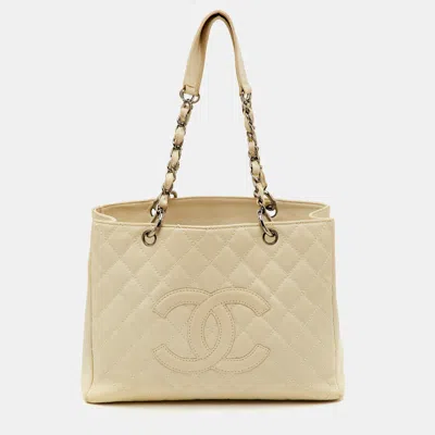 Pre-owned Chanel Gst Cream Quilted Leather Shopper Tote In White