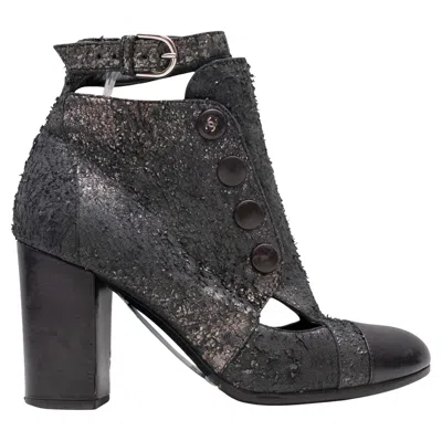 Pre-owned Chanel Gunmetal & Black  Cap-toe Distressed Cutout Booties In Gray