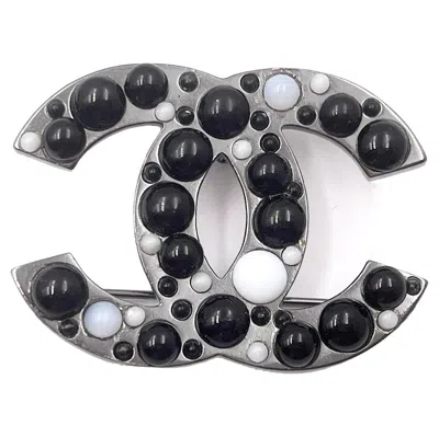 Pre-owned Chanel Gunmetal Cc Black White Bead Brooch