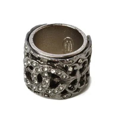 Pre-owned Chanel Gunmetal Metal Rhinestone Band Ring () In Gray