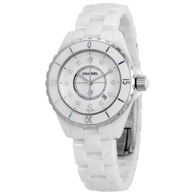 Pre-owned Chanel H1628 J12 Diamonds Ladies Watch In White