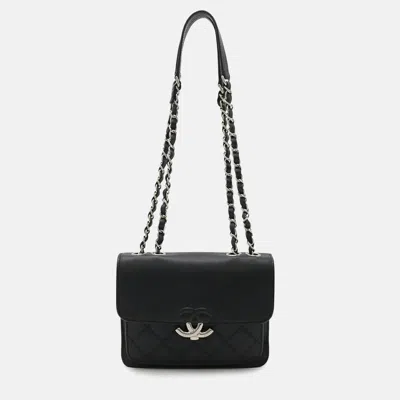 Pre-owned Chanel Half Coco Mark Double Chain Black Leather Shoulder Handbag