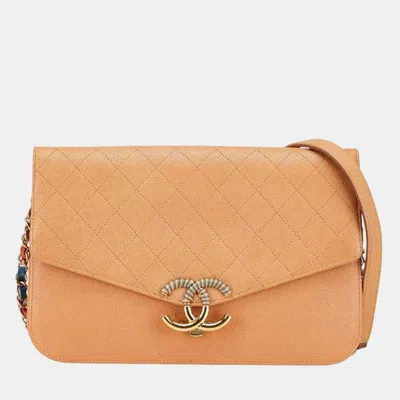 Pre-owned Chanel Half Coco Orange Beige Caviar Skin Chain Shoulder Bag