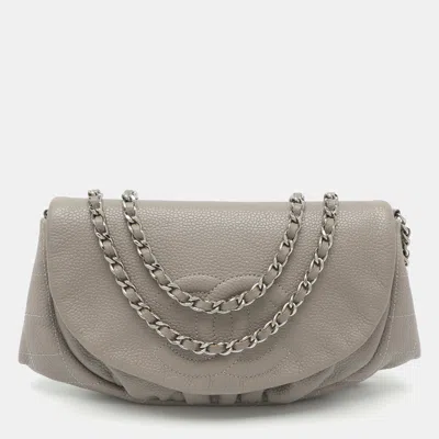Pre-owned Chanel Half Moon Grey Caviar Leather Wallet On Chain In Gray