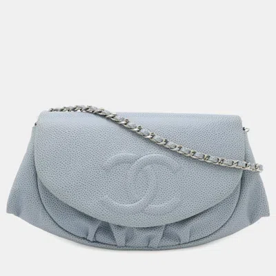Pre-owned Chanel Half Moon Wallet On Chain Caviar Leather Light Blue Shoulder Bag
